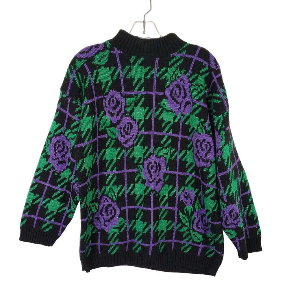 Vintage 90s Adele Knitwear Sweater Womens Black Rose Metallic Mockneck Outerwear